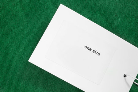 One size clothes label over green cotton fabric background closeup