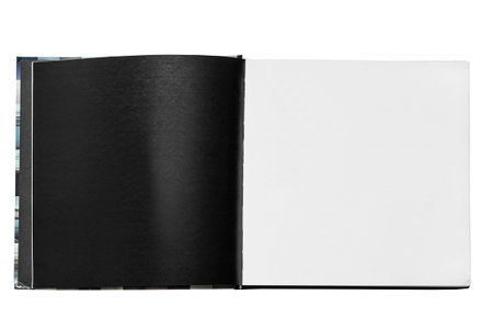 Empty black and white book spread isolated on white background