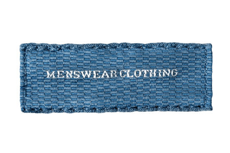 Blue fabric label with text Menswear Clothing isolated on white background