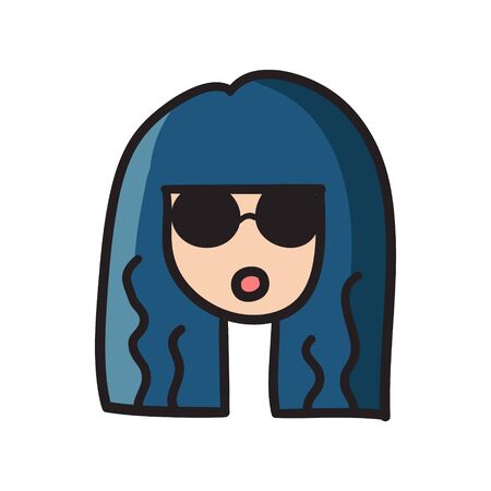 Woman face vector icon hand drawn doodle illustration black lines, nice hair girl eyes closed.のイラスト素材