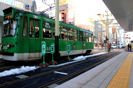 Tramway running in Sapporo on  public tram on the streetのeditorial素材