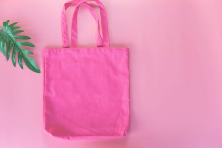 pink tote bag canvas fabric, Cloth shopping sack mockup,eco concept.の写真素材