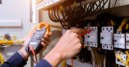 Electrician measurements with multimeter testing current electric in control panel.の写真素材