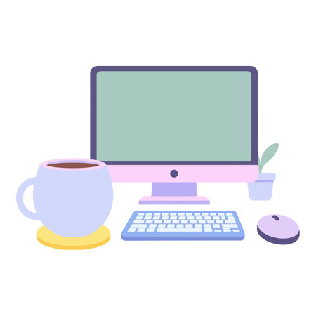 Computer with coffee cup and mouse in flat style.のイラスト素材