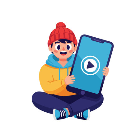 Boy with smartphone and play button.のイラスト素材