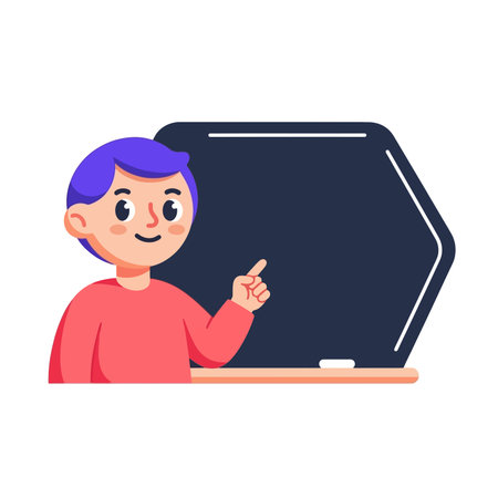 Boy in a red T-shirt points his finger at a blackboard.のイラスト素材