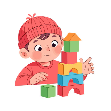 Cute little boy playing with wooden building blocks.のイラスト素材