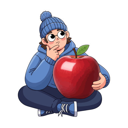 Illustration of a sad boy sitting on the floor and holding an apple.のイラスト素材
