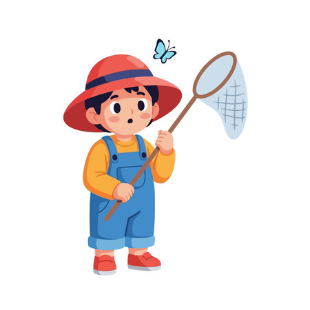Cute little boy in hat catching butterfly with net.のイラスト素材