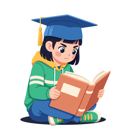 Cute little girl in graduation cap reading a book.のイラスト素材