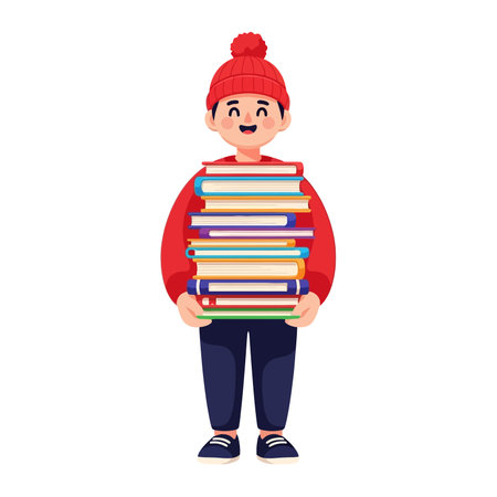 Cute little boy holding stack of books.のイラスト素材