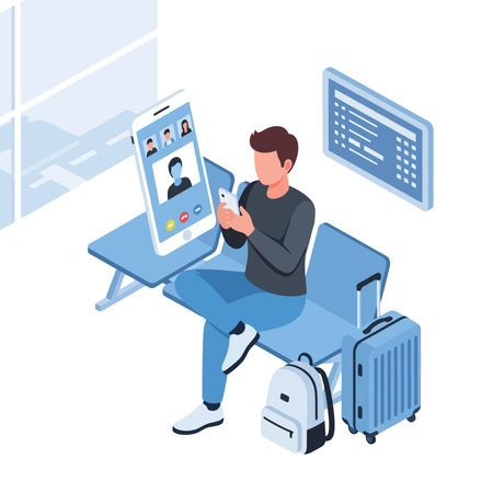 Isometric man with mobile phone in airport terminal.のイラスト素材