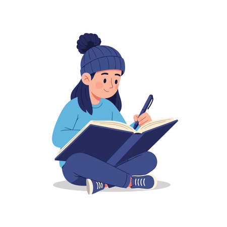 Cute little girl sitting on the floor and reading a book.のイラスト素材