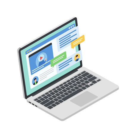 Laptop with social media icon. Isometric illustration of laptop.のイラスト素材