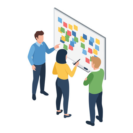 Presentation of business plan on whiteboard. Man and woman standing near flipchart with sticky notes.のイラスト素材