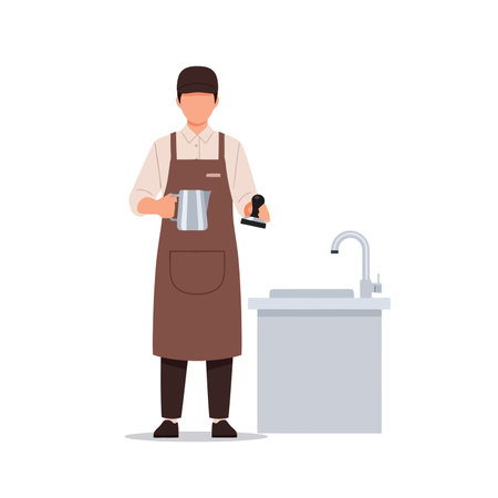 Coffee shop worker in apron standing near sink.のイラスト素材