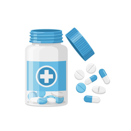 Pills and capsules in blue bottle.のイラスト素材