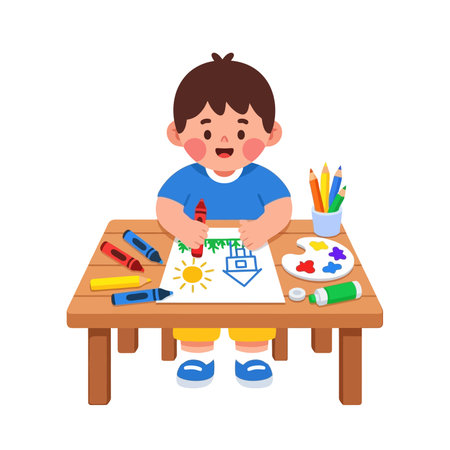 Cute little boy painting with watercolor paints.のイラスト素材