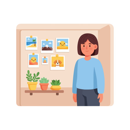 Woman at art gallery vector illustration. Smiling girl looking at picture frames.のイラスト素材