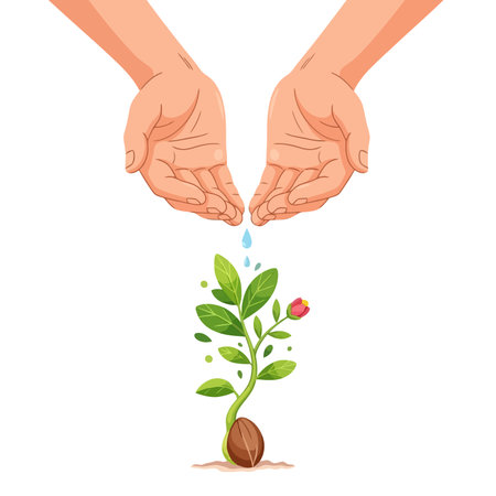 Human hands watering a sprout. Ecology concept.のイラスト素材