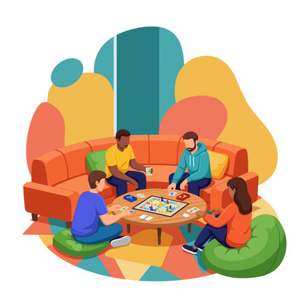 People playing board games in living room at home.のイラスト素材