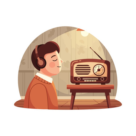 Man listening to music on retro radio.のイラスト素材
