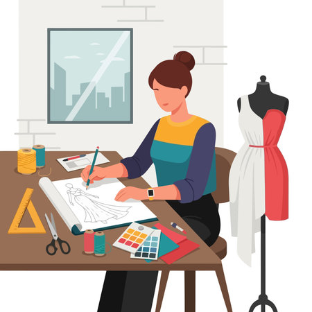 Fashion designer woman working at her studio.のイラスト素材