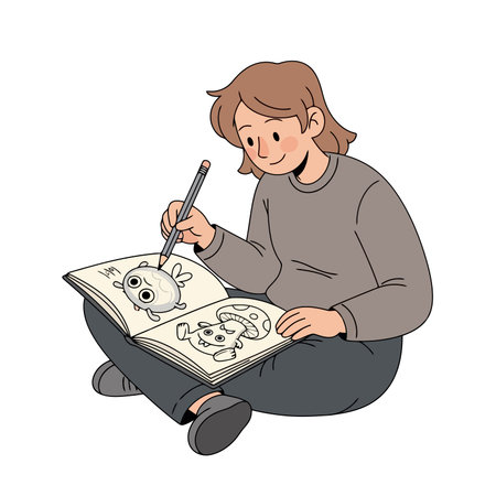 Illustration of a boy sitting on the floor and drawing a picture.のイラスト素材