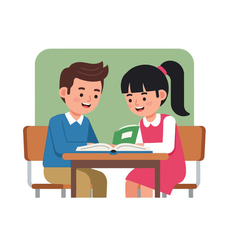 Boy and girl sitting at desks and reading books.のイラスト素材