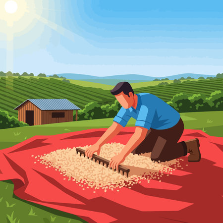 Farmer harvests coffee on the field.のイラスト素材
