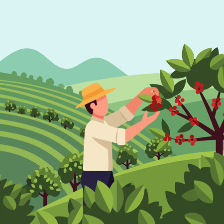 Farmer harvesting coffee beans in the farm.のイラスト素材