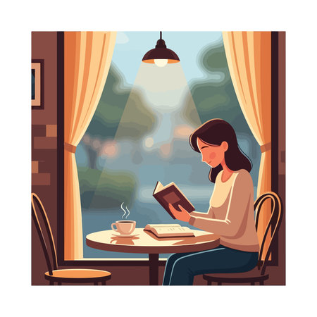 Girl reading a book in cafe.のイラスト素材