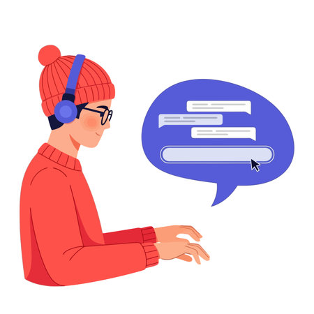 Vector illustration of a young woman in a red sweater and a red hat listening to music with headphones.のイラスト素材