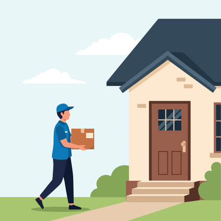 Courier in uniform delivering a package to the house.のイラスト素材