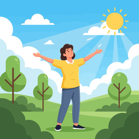 Happy young woman with arms outstretched enjoying nature.のイラスト素材