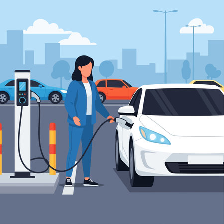 Woman refueling car at gas station.のイラスト素材