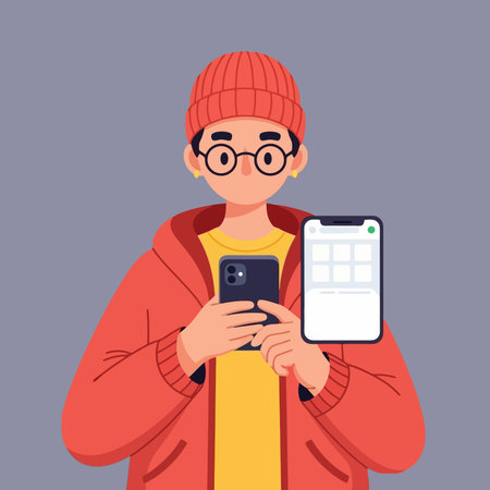 Vector illustration of a man in a red jacket with a mobile phone in his hands.のイラスト素材