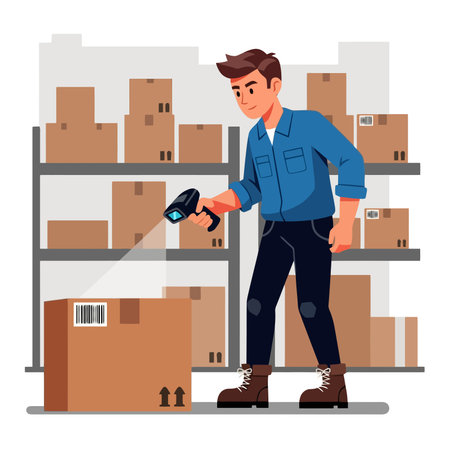 Warehouse worker holding remote control and checking inventory.のイラスト素材