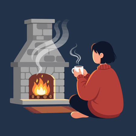 Woman sitting near fireplace and holding cup of hot drink.のイラスト素材