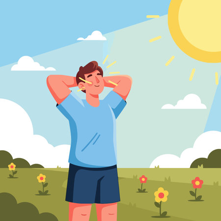 Man suffering from headache. Vector illustration in flat cartoon style on nature background.のイラスト素材