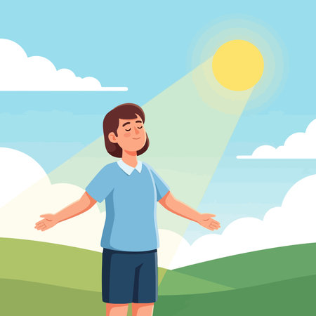 Girl standing on hill and looking at sun.のイラスト素材