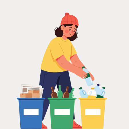 Volunteer woman sorting waste in the trash can.のイラスト素材