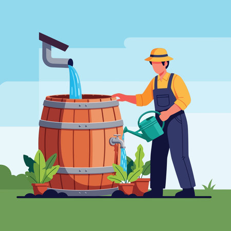 Gardener watering plants in the garden.のイラスト素材