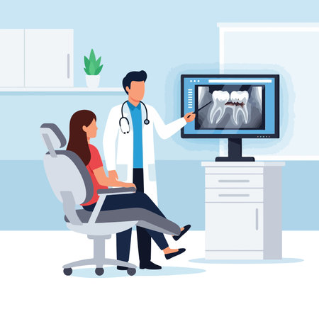 doctor with female patient in chair and computer in the clinic vector illustration designのイラスト素材