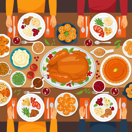 Thanksgiving dinner table with turkey, mashed potatoes, pumpkin pie, mashed potatoes and gravy, top view, flat vector illustration.のイラスト素材