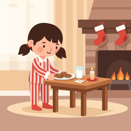 Girl in pajamas having breakfast in front of the fireplace.のイラスト素材