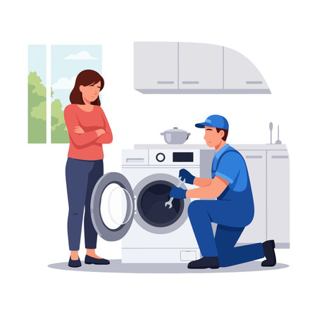 Repairman repairing washing machine. Man and woman in uniform repairing washing machine.のイラスト素材