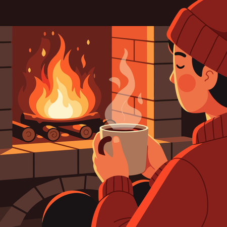 Man drinking hot tea in fireplace.のイラスト素材