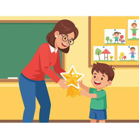 Teacher giving a star to boy in the classroom.のイラスト素材