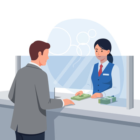 Cashier giving money to customer at cash counter.のイラスト素材